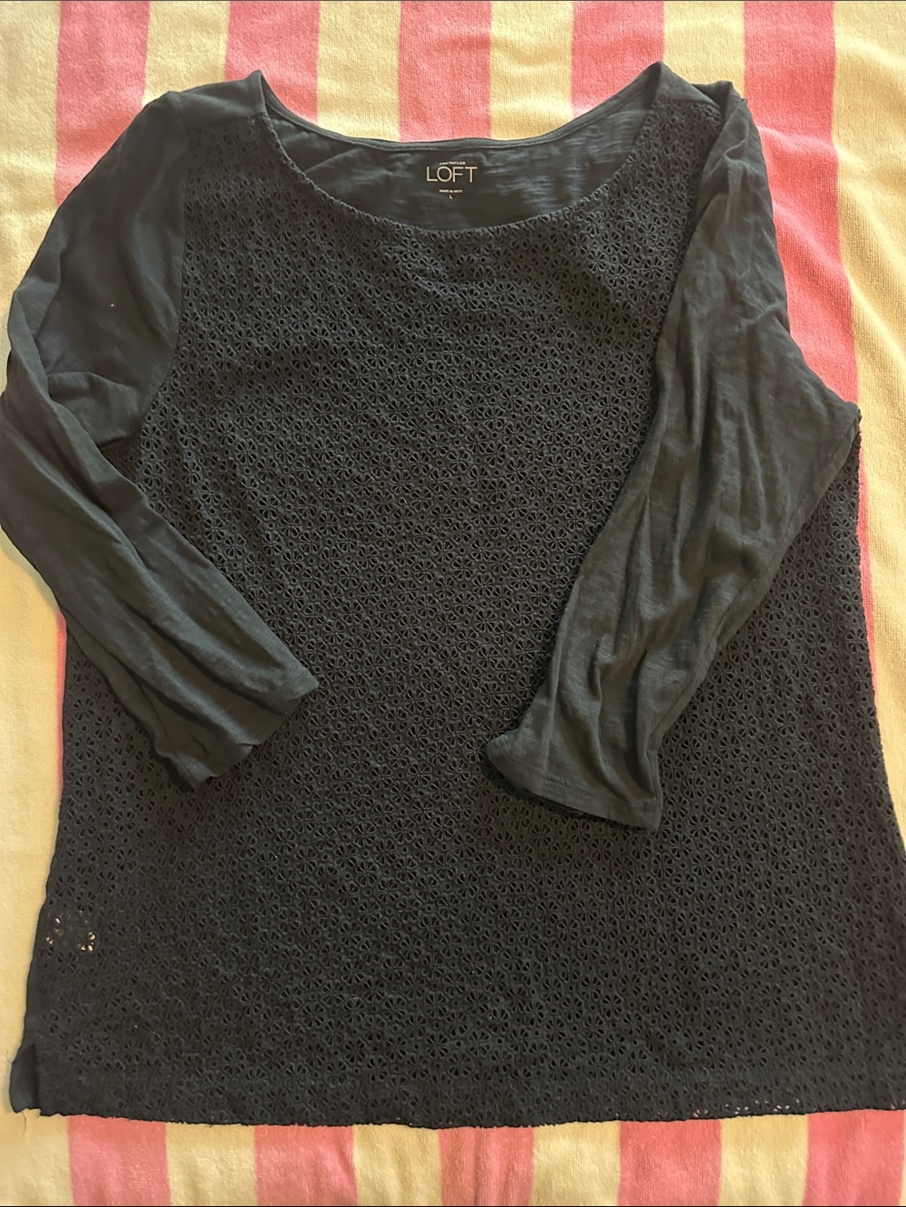 LOFT Navy Blue Lace-Front Long Sleeve Tee